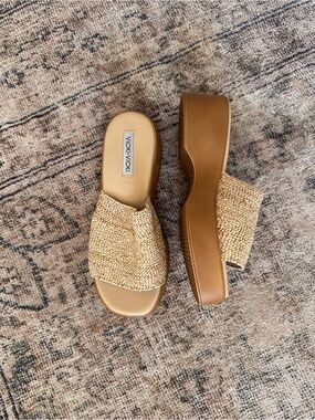 Tan Woven Platform Slide Sandals